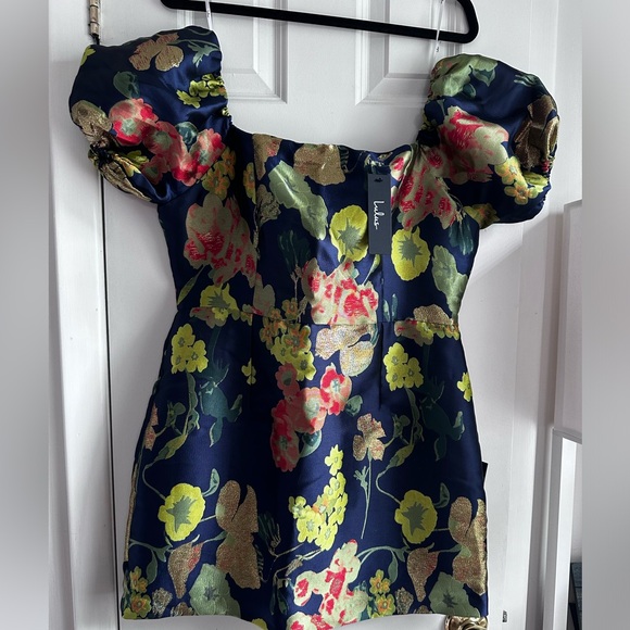 Navy Blue Floral Jacquard Puff Sleeve Mini Dress - Picture 4 of 6